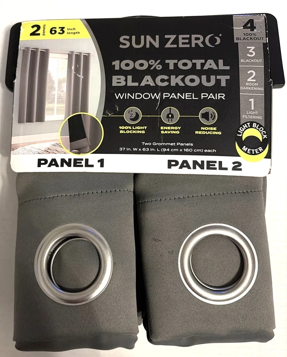 Sun Zero Gray Blackout Window Curtains 2 Panels with Grommets 37 x 63 Each NEW